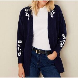Monsoon Navy Blue Open Front White Floral Embroidered Cardigan